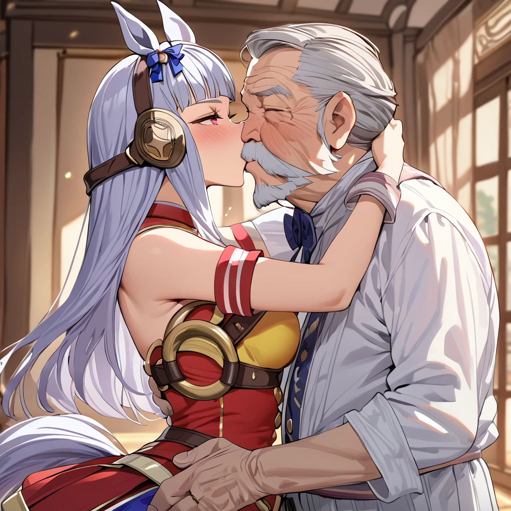 ((Best Quality)), ((masterpiece)), (detailed), （ perfect face）、 The woman is  goldship((umamusume)) 、 a woman in a South American salsa costume ,  passionately kisses and dances with an old man ,  and the man proposes to her.