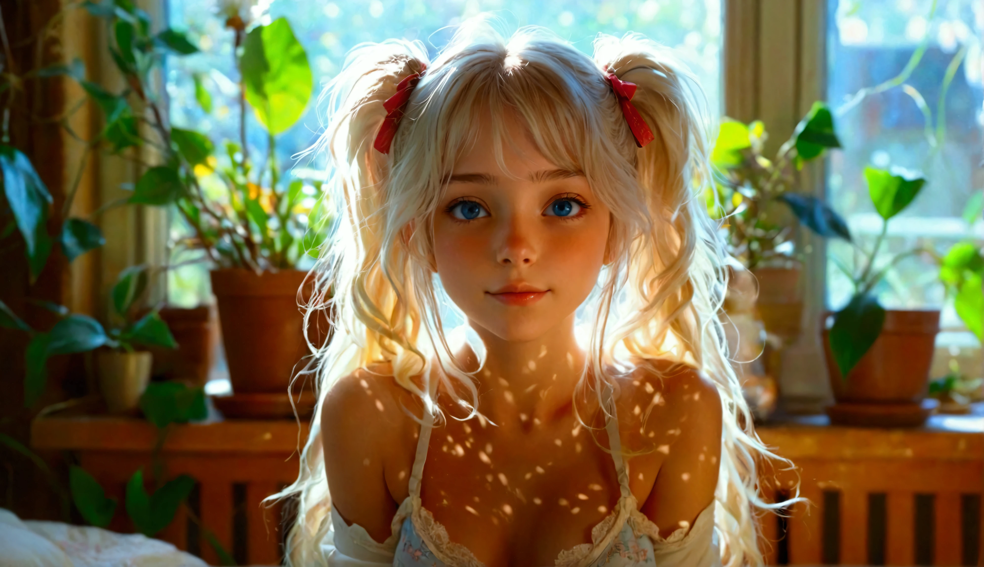 1 girl, ******, Wearing cotton panties, perfect face, petite and skinny, small breasts, blue eyes, light blonde hair, long curly hair, messy hair, twin tails, shy smile, ribbons, realistic, (cowboy shot), indoors, soft lighting, plants in background, window with sunlight, cozy room, relaxed pose, realistic, intricate details, warm colors, by Greg Rutkowski, by Alphonse Mucha Real image, hard nipples, seductive,