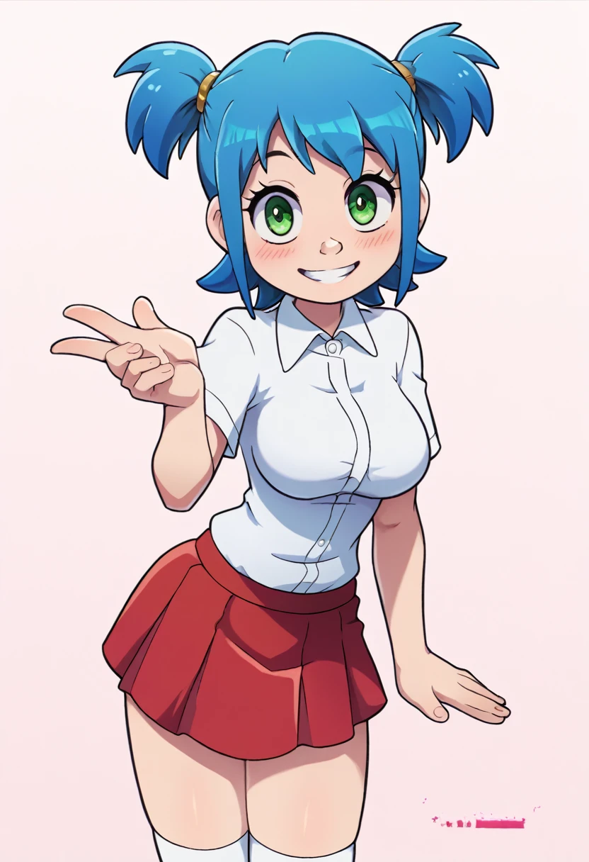 score_9, score_8_up, score_7_up, source_anime, best quality, clear face,shool skinny Nami-girl, bright blue hair, green eyes, medium hair, large breasts, perfect body, standing, looking at viewer,smile cute ,watered eyes, china d, indoor, w,blushing,embrassed,cute boob, p,mini red skirt,plain white shirt,p with hand at side,kyah,cute,Short Twintails,extremely short skirt,white socks,dimple design,explaining something, explaining something with hands