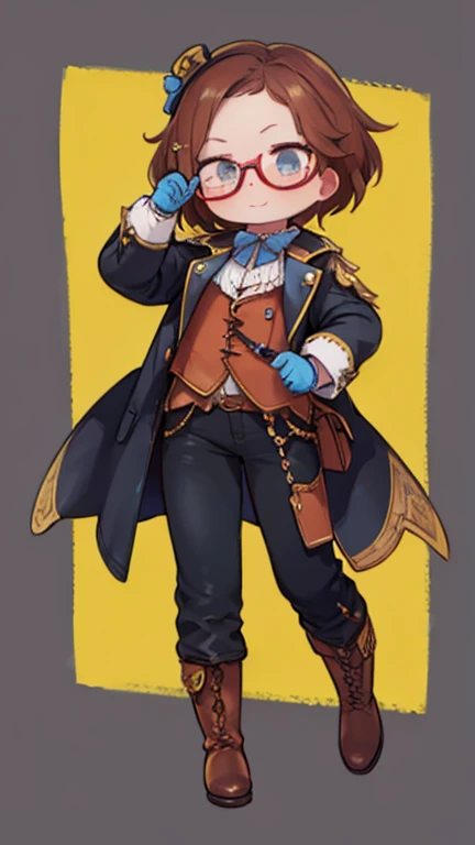 1.Steampunk,,glasses on her forehead ,Fake smile,gloves,whole body,boots,pants,Have, ， mechanical background:1.3，