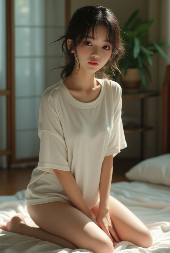 hansohee wears white t-shirt_shirt, hair_Bangs, hair tied up, sitting on bed,
analog style, hyper actual lifelike texture dramatic lighting unrealengine trending on artstation,Winning photo,Nikon RAW photos,8k,Fuji XT3,masterpiece, best quality, actual, photoactual,Super detailed,extremely detailed face,
sunrise, edge lighting, two color lights, dim, low profile,