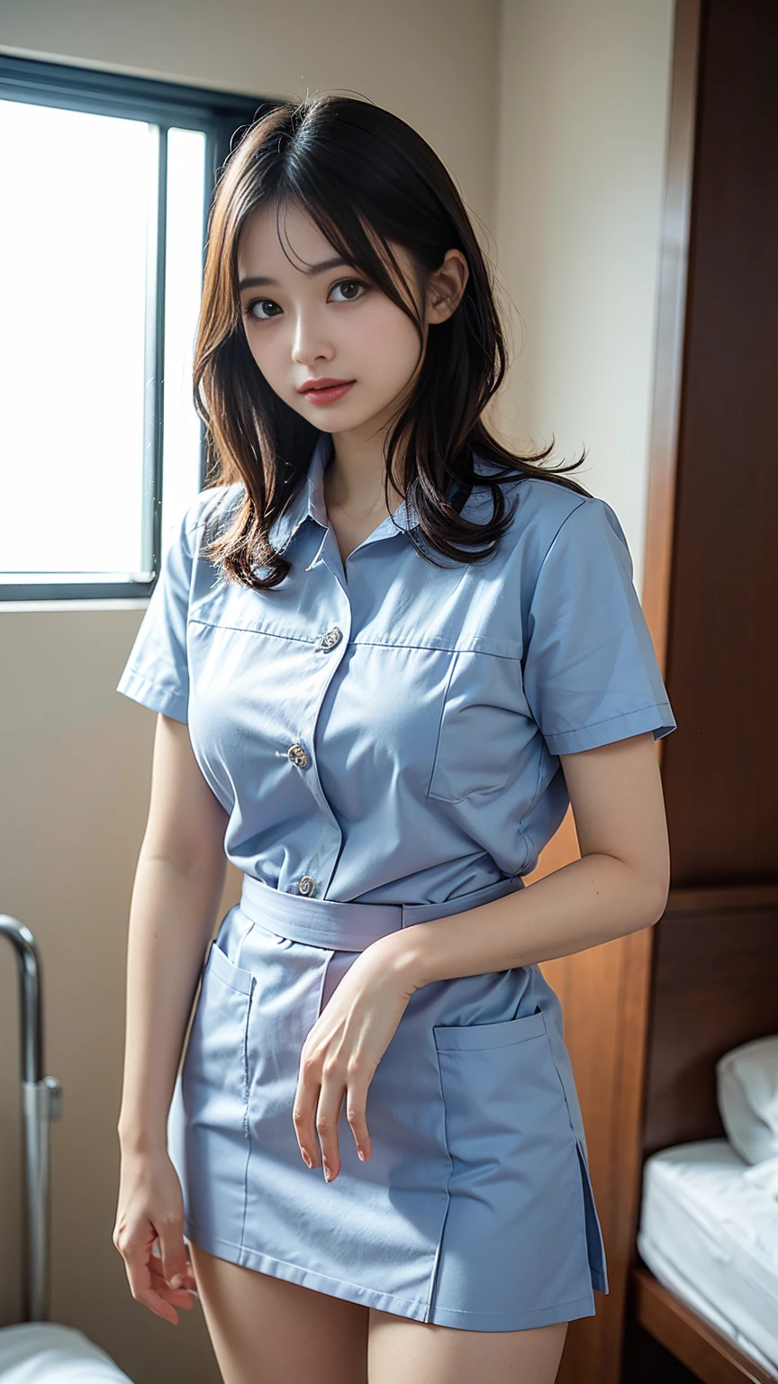 photorealistic ,1girl,very beauty nurse,show her panties,cute,young teen,blond hair,(nurse uniform,white uniform),(skirt lift,),low leg panties,embarrassing,smiling,in hospital,
eyes with large brown irises,shiny skin, blunt bangs,small mouth, fresh lips,nose blush,5finger,
beautiful lighting, volumetric lighting, dynamic angle, looking at viewer, (photographic portrait), sharp,
