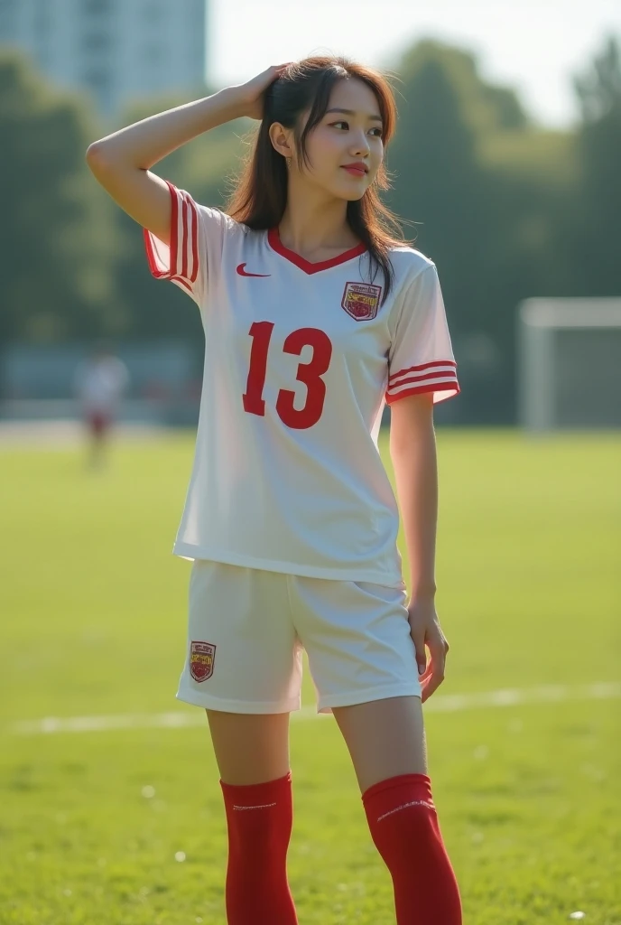 ((full body)), (8K, Best Quality, masterpiece), (Realistic, Photorealsitic), of the highest quality, masterpiece, Beautuful female, adult female, K-pop idol, (((Korea national soccer uniform))), (((red uniform))), (((in the soccer field))), Small bust, slender, straight black hair,