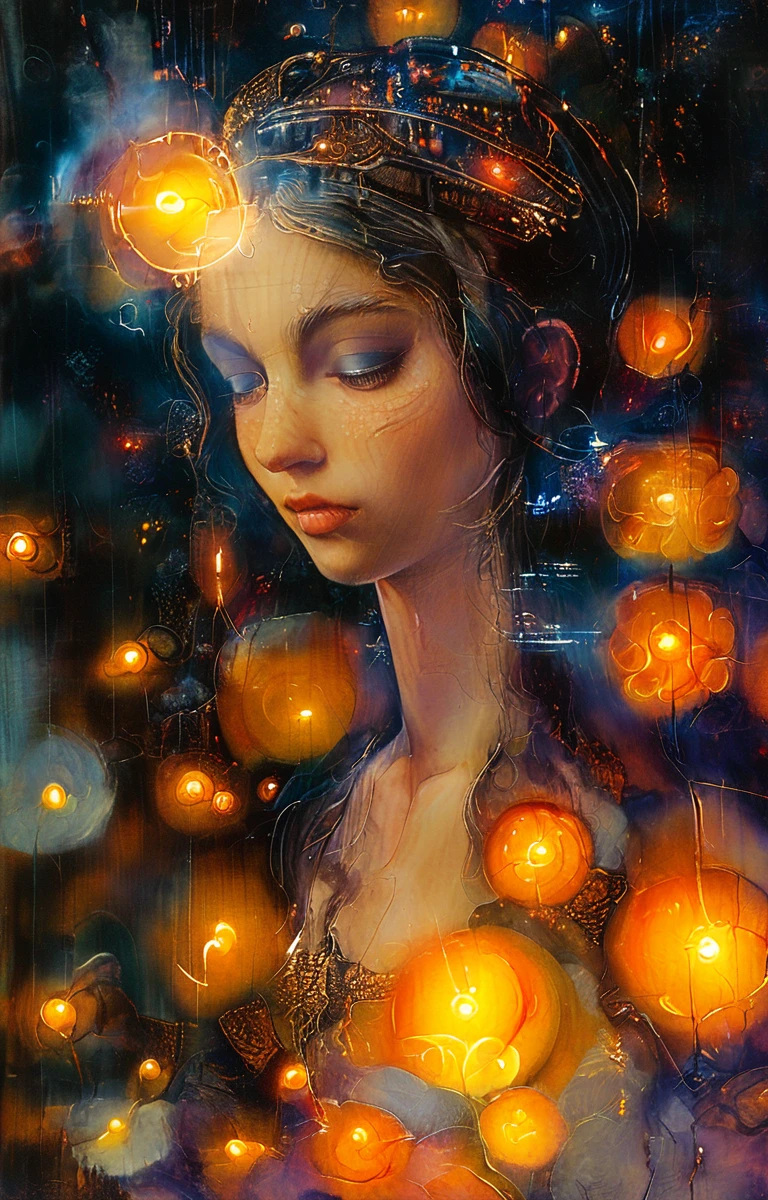 anime image of a woman with her eyes closed and a light shining over her head, head is centered, third eye in middle of forehead, third eye middle of forehead, centered face, lights beaming out of eyes, opening third eye, channeling third eye energy, face illuminated, third eyes middle of foreheads, a cyborg meditating, detailed glowing head, glowing third eye
