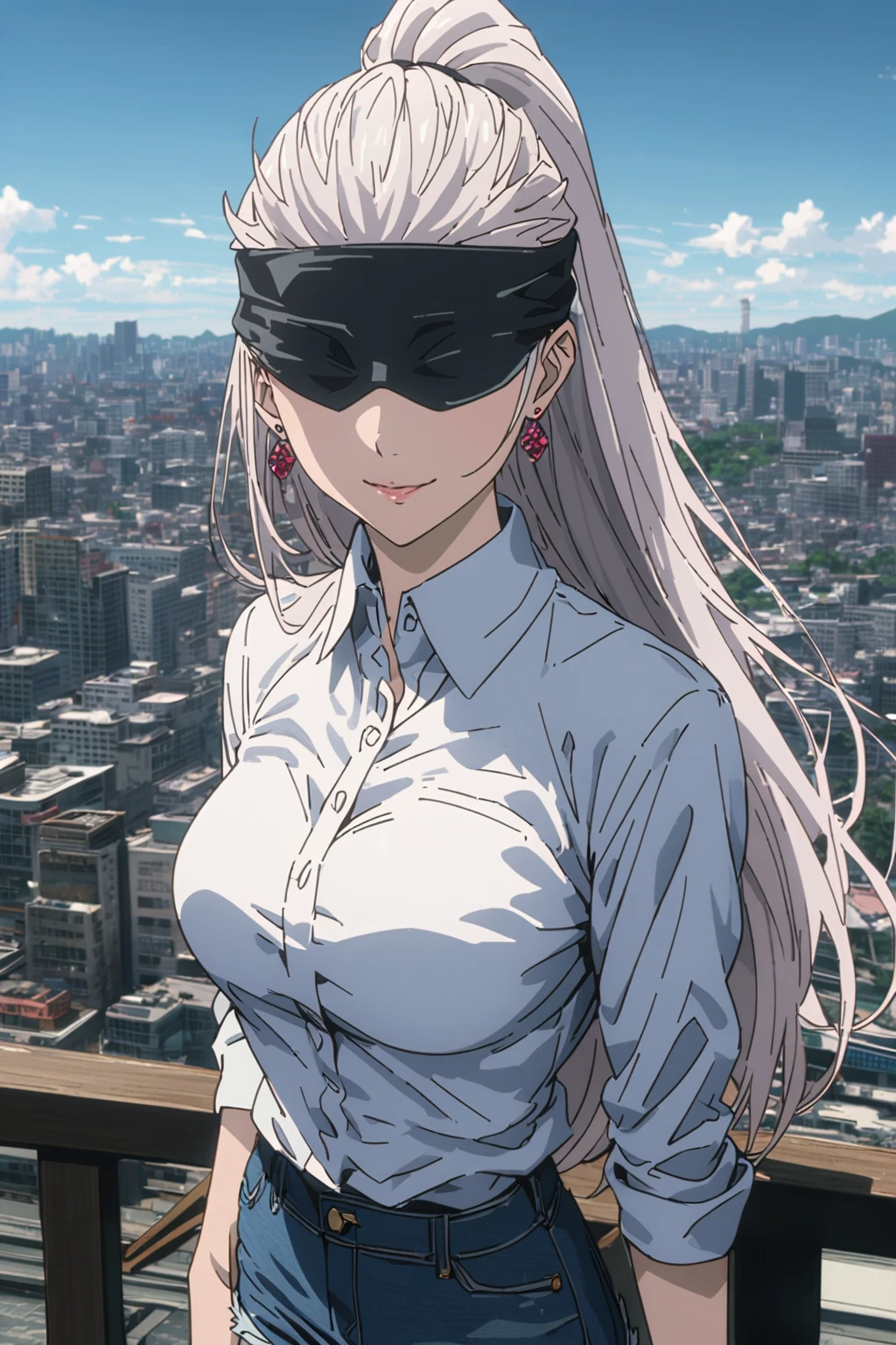 1girl, female gojo satoru, anime screencap from jujutsu kaisen, gojo satoru female version, solo, long_hair, ((wearing black blindfold)) ((silver_hair, hair bun)), night view, (hanging breasts) upper_body, smile, lips, (long hair) ((wearing white colour sweater)) breast, "very detailed and high resolution" (black blindfold) ((solo)) (((front view))) (earings) ((high resolution)) ((good quality)) ((silky hair, hair bun))