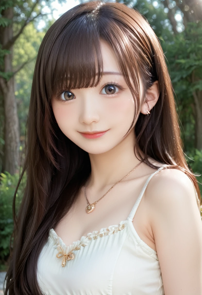 high resolution, best quality, extremely detailed CG, perfect anatomy, perfect hands, high resolution, best quality, extremely detailed CG, perfect anatomy, perfect hands, 1girl, solo, long hair, brown hair, looking at viewer, brown eyes, smile, blush, bangs, closed mouth, face, 25 years old, Japanese, dress, forest, 3d, photorealistic, realistic, (portrait), photo \(medium\), ((detailed shapely nose, detailed big eyes, detailed brown hair)), lips, earrings, necklace, 