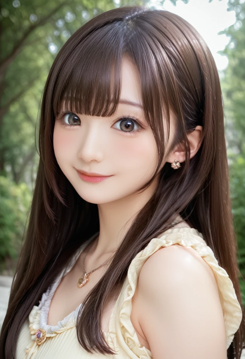 high resolution, best quality, extremely detailed CG, perfect anatomy, perfect hands, high resolution, best quality, extremely detailed CG, perfect anatomy, perfect hands, 1girl, solo, long hair, brown hair, looking at viewer, brown eyes, smile, blush, bangs, closed mouth, face, 25 years old, Japanese, dress, forest, 3d, photorealistic, realistic, (portrait), photo \(medium\), ((detailed shapely nose, detailed big eyes, detailed brown hair)), lips, earrings, necklace, 