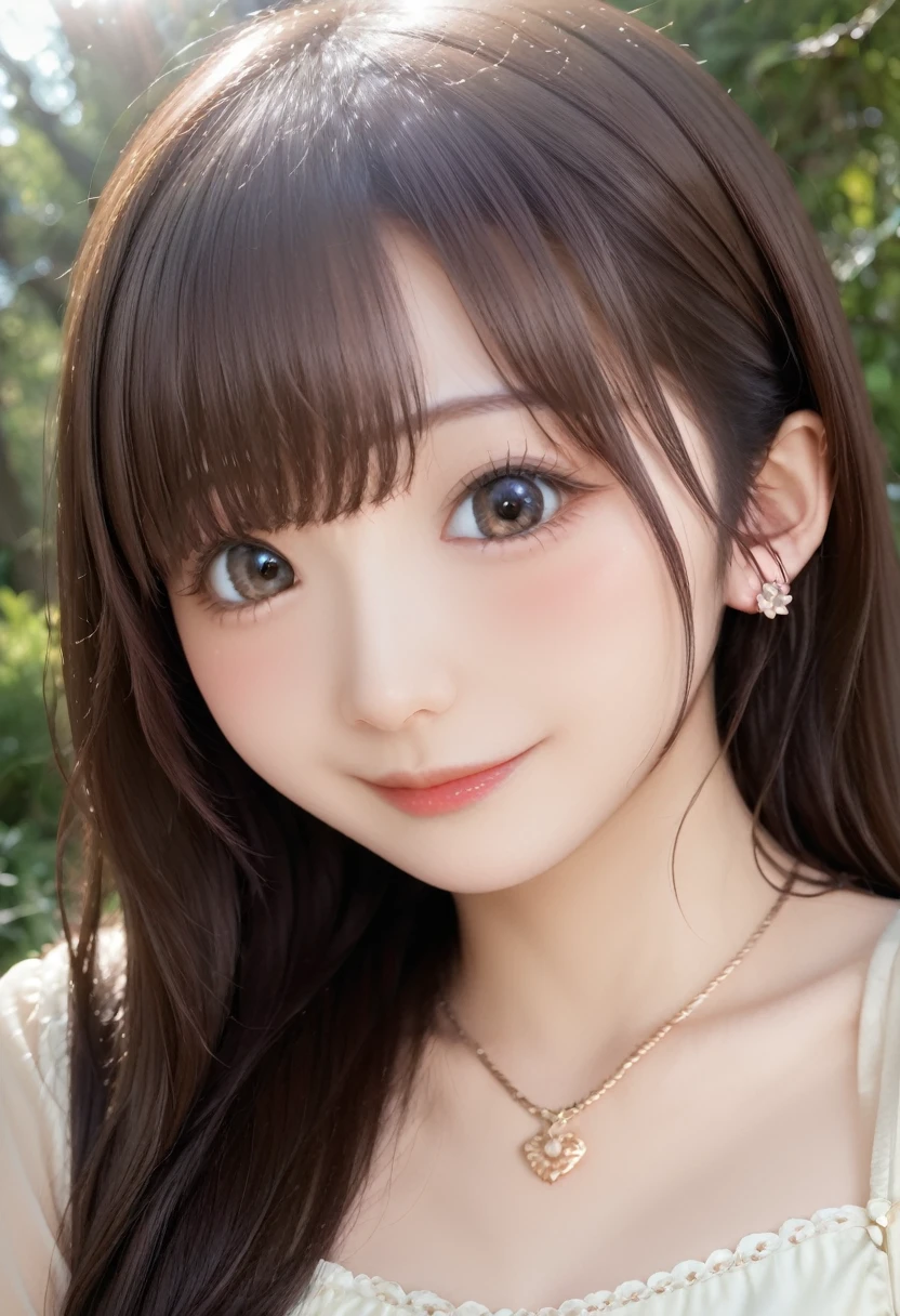 high resolution, best quality, extremely detailed CG, perfect anatomy, perfect hands, high resolution, best quality, extremely detailed CG, perfect anatomy, perfect hands, 1girl, solo, long hair, brown hair, looking at viewer, brown eyes, smile, blush, bangs, closed mouth, face, 25 years old, Japanese, dress, forest, 3d, photorealistic, realistic, (portrait), photo \(medium\), ((detailed shapely nose, detailed big eyes, detailed brown hair)), lips, earrings, necklace, 