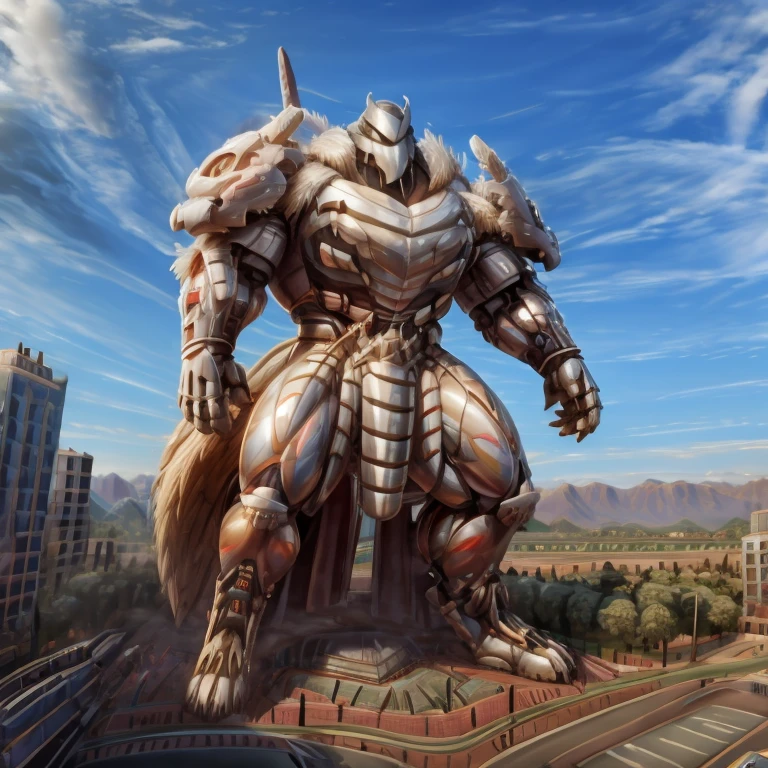 - The as big as a building Exoskeleton Silver Samurai in the street.
- Exoskeleton Silver Samurai (massive:3.0,Big Muscle:1.1(heavyweight,strong,macro,Emphasize huge size, Stepping on the ruins))
- background((the collapse building,raising little spoke,the little sparks,the rift in the road))
- high angle perspective