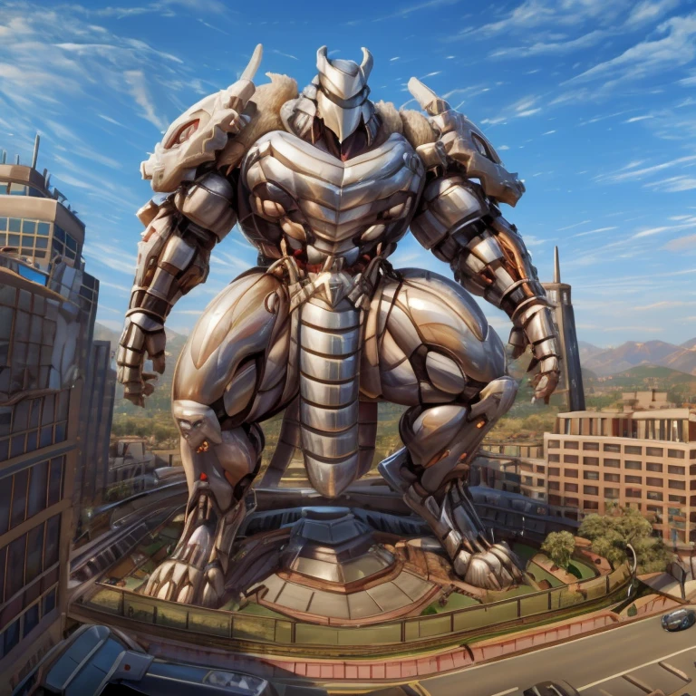 - The as big as a building Exoskeleton Silver Samurai in the street.
- Exoskeleton Silver Samurai (massive:3.0,Big Muscle:1.1(heavyweight,strong,macro,Emphasize huge size, Stepping on the ruins))
- background((the collapse building,raising little spoke,the little sparks,the rift in the road))
- high angle perspective