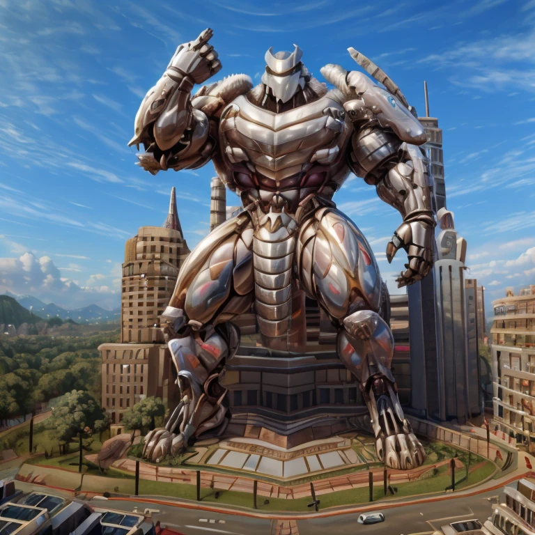 - The as big as a building Exoskeleton Silver Samurai in the street.
- Exoskeleton Silver Samurai (massive:3.0,Big Muscle:1.1(heavyweight,strong,macro,Emphasize huge size, Stepping on the ruins))
- background((the collapse building,raising little spoke,the little sparks,the rift in the road))
- high angle perspective