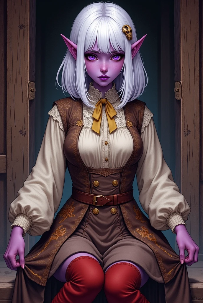 (Ultra-detailed face, Looking away, Fantasy Illustration with Gothic, rich tone colors.), BREAK 
(This is a fantasy world where magic exists in the style of medieval Eastern Europe. A female dark elf adventurer is getting dressed and ready in her inn room. However, perhaps because of her slightly increased waist, the hooks on her skirt do not fit. With tears in her eyes, she squeezes the waist part of her skirt with both hands and tries to fit the hooks, but they are just slightly out of reach. She has a very sad expression on her face, with her mouth tied in a crooked line.), BREAK 
(The dark elf woman adventurer wears a skull-shaped hair clip and a lemon-colored ribbon tie. She is wearing a young grass-colored lace blouse, a tunic with large beige wooden buttons, and a brown knee-length skirt embroidered with a scorpion pattern in gold thread. She wears red short boots with a folded back made of soft leather.), BREAK 
(A young-aged dark elf woman with pure white hair and eyebrows, blunt bangs, medium length straight hair, small pink lips, dark-purple color skin, lavender pupils, Draw thick, dark eyeliner around the eyes.)