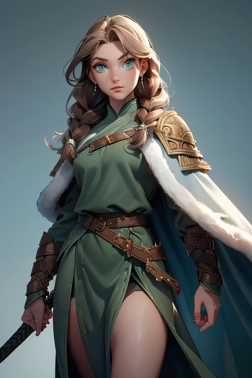 ( masterpiece, The best quality ) (young warrior woman of nordic descent), (green eyes), (fur skirt), (Brown hair color),(loose hair with small braids on the scalp), (leather strap top) feathers, cape over the shoulder, bufas, (blue, gray and brown suit).