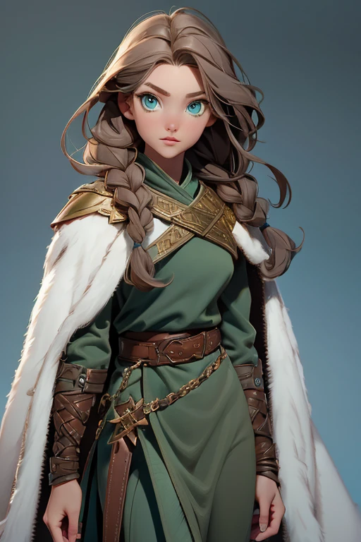 ( masterpiece, The best quality ) (young warrior woman of nordic descent), (green eyes), (fur skirt), (Brown hair color),(loose hair with small braids on the scalp), (leather strap top) feathers, cape over the shoulder, bufas, (blue, gray and brown suit).