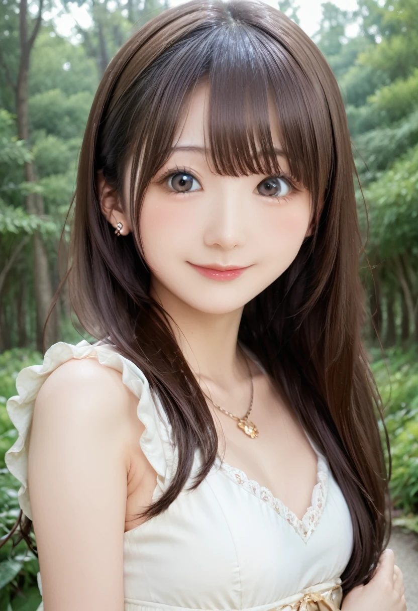 high resolution, best quality, extremely detailed CG, perfect anatomy, perfect hands, high resolution, best quality, extremely detailed CG, perfect anatomy, perfect hands, 1girl, solo, long hair, brown hair, looking at viewer, brown eyes, smile, blush, bangs, closed mouth, face, 20 years old, Japanese, dress, forest, 3d, photorealistic, realistic, (upper body), photo \(medium\), ((detailed shapely nose, detailed big eyes, detailed brown hair)), lips, earrings, necklace, 