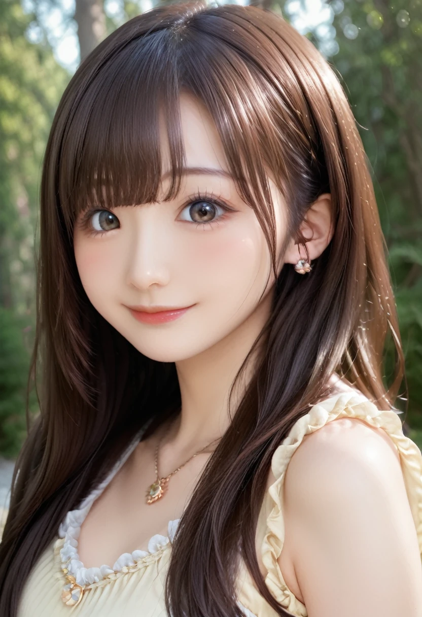 high resolution, best quality, extremely detailed CG, perfect anatomy, perfect hands, high resolution, best quality, extremely detailed CG, perfect anatomy, perfect hands, 1girl, solo, long hair, brown hair, looking at viewer, brown eyes, smile, blush, bangs, closed mouth, face, 20 years old, Japanese, dress, forest, 3d, photorealistic, realistic, (upper body), photo \(medium\), ((detailed shapely nose, detailed big eyes, detailed brown hair)), lips, earrings, necklace, 