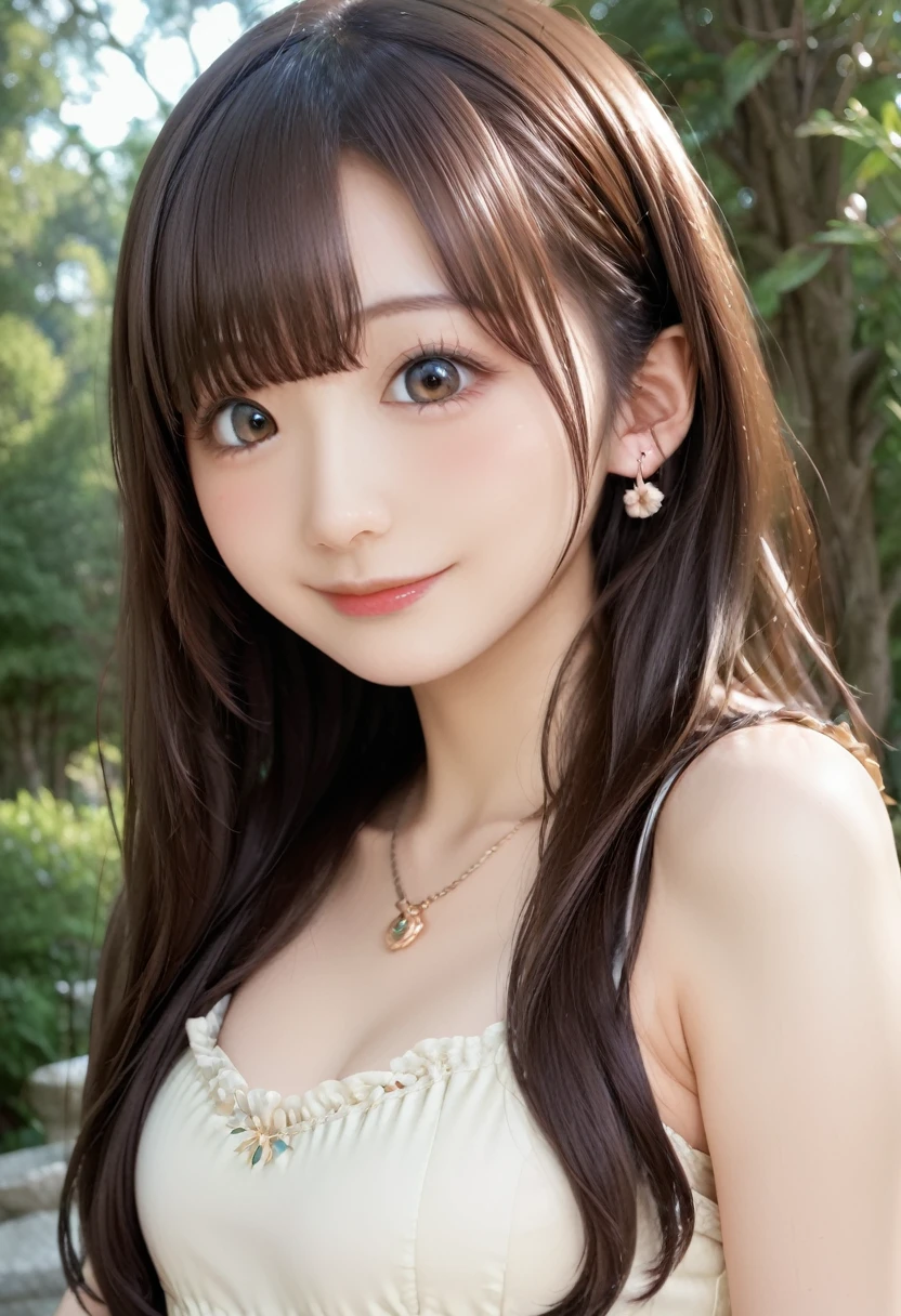 high resolution, best quality, extremely detailed CG, perfect anatomy, perfect hands, high resolution, best quality, extremely detailed CG, perfect anatomy, perfect hands, 1girl, solo, long hair, brown hair, looking at viewer, brown eyes, smile, blush, bangs, closed mouth, face, 20 years old, Japanese, dress, forest, 3d, photorealistic, realistic, (upper body), photo \(medium\), ((detailed shapely nose, detailed big eyes, detailed brown hair)), lips, earrings, necklace, 