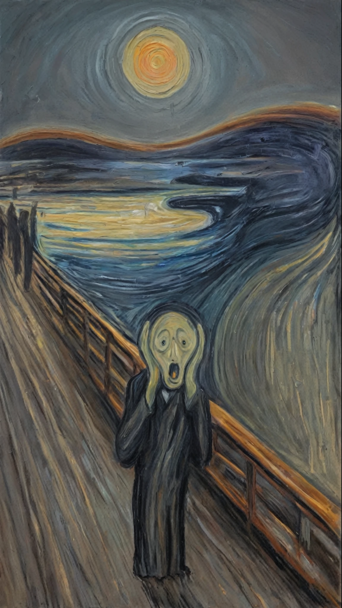 Oil painting with too rough brushstroke influenced by the Scream\(Munch\), gloomy atmosphere, lonely atmosphere, sad coloring, flat color,very sad mood,tears,A person is very deformed and simplified to the extreme,