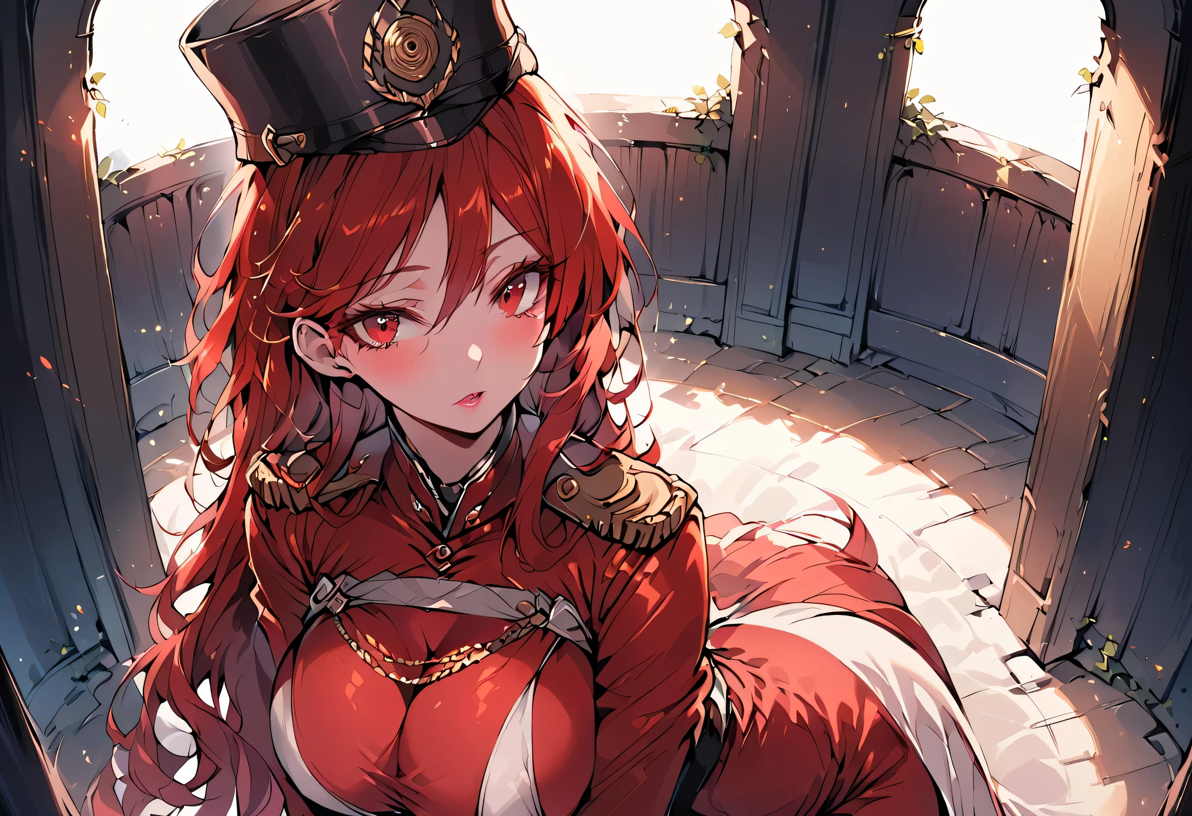 A woman, smooth skin,  white skin, big eyes, long eyelashes, Wide hips, ( The best quality ),  masterpiece, crimson red hair , Milf, mature woman, (Early Modern Soldier ) , ( she's wearing a military general's uniform), (She is wearing a bicorn hat), (ultra high Bloom), (High quality Shaders), (shadows), (Ultra shadow quality), (In an old room), portrait