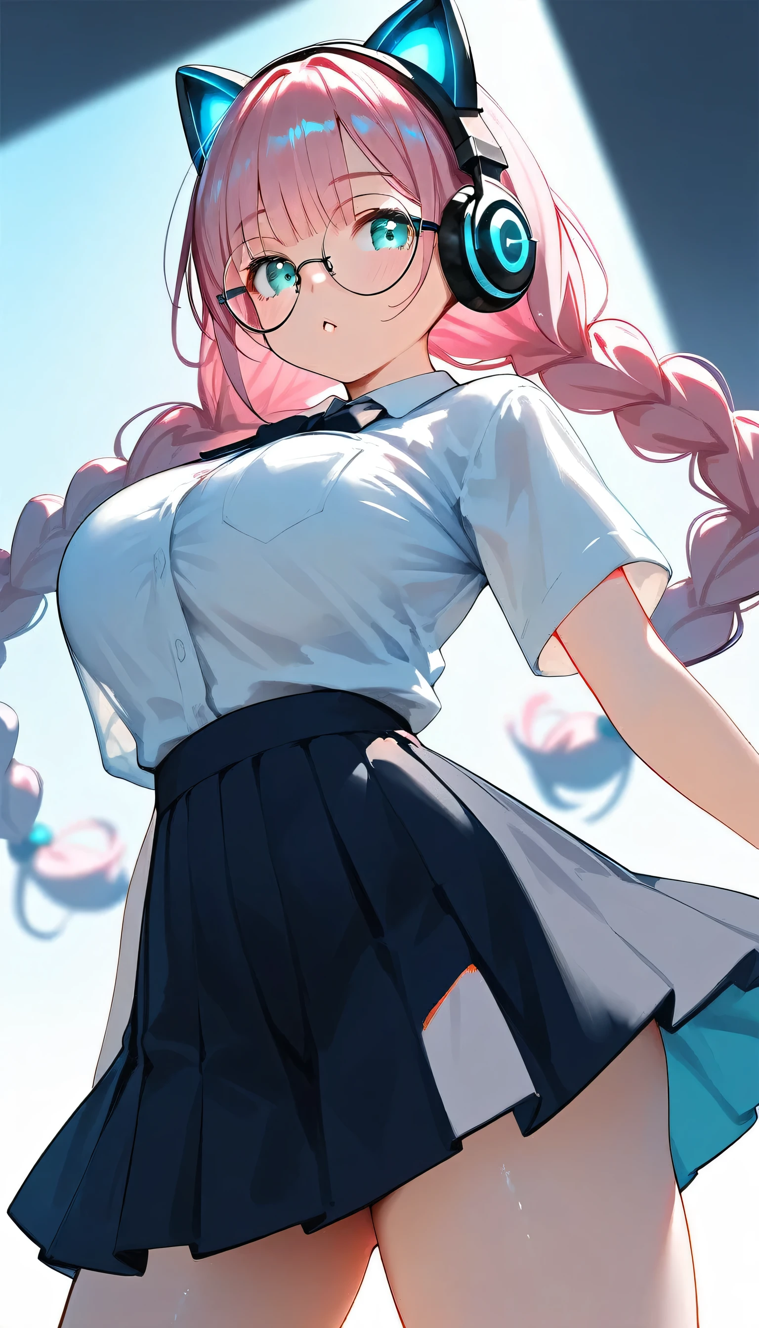 (best quality:1.2), (ultra-detailed:1.2), (2.5D:1.2), (Anime Moe Art Style), 1girl , pink hair, Cyan eyes, gradient eyes, twin braids, blue Glowing cat ear headphones, black round glasses, large breasts , mini skirt, dynamic angle,panty shot