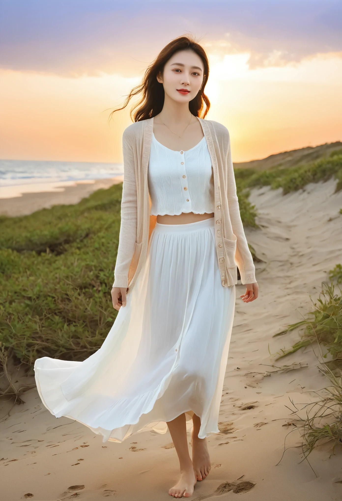 Best Quality、masterpiece、One Girl、Cute face、shy:0.2、Small Nose、Fuller lips、 white camisole 、Beige long sleeve cardigan、 White Long Skirt 、barefoot、 Ultra Detailed Face and Skin Textures、Small Face、Small breasts、walk、break、Summer Evening、walk along the beach、sunset、Afternoon Sun、Orange Sky、Scarlet Cloud、silence、dusk、Wabi-sabi art、Movie angle、An inspiring piece、Summer Memories