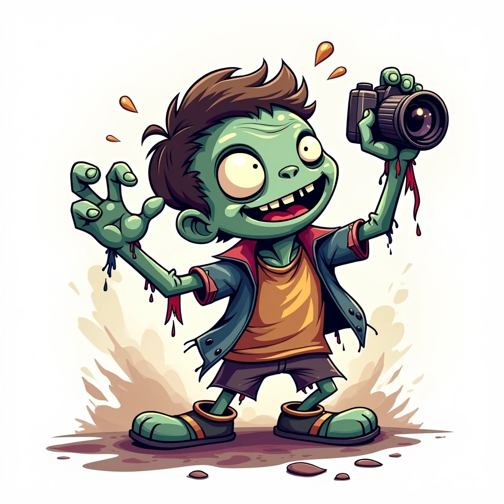 2D image, funny cartoon zombie holding photo camera, solid black background