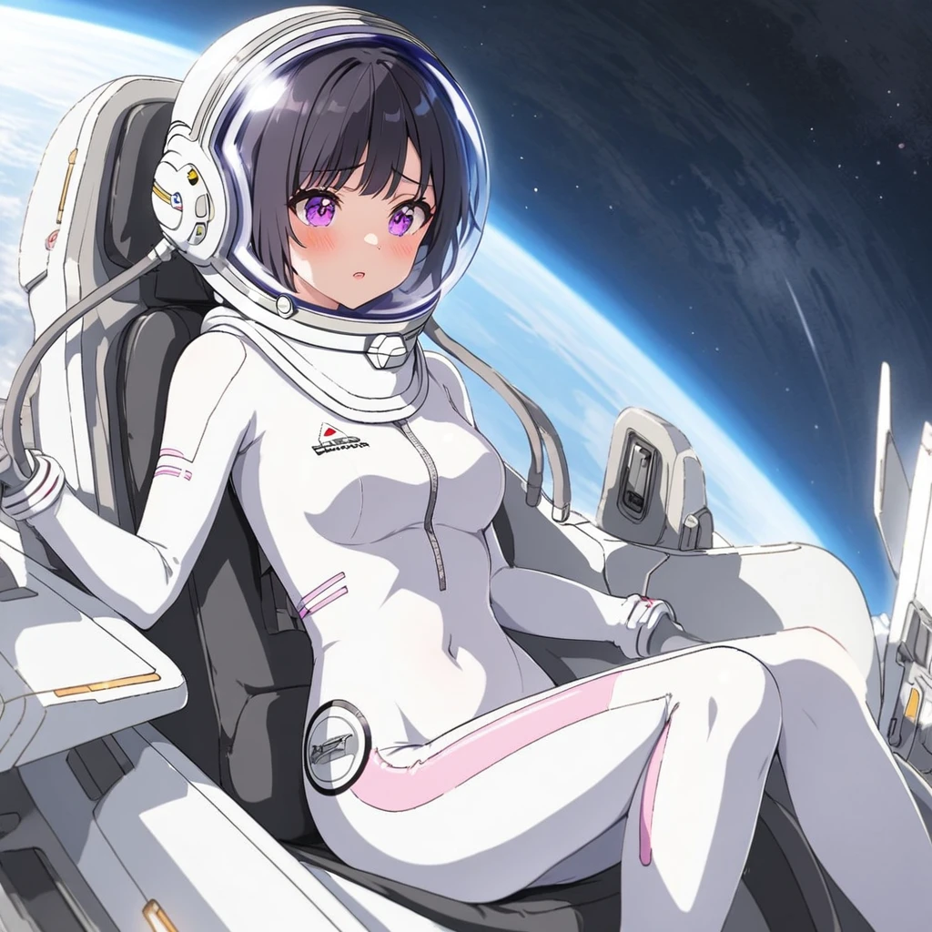 1人of女of子,Alone,short hair,(Space Suit:1.15), Black Hair Space Helmet ,whole body, indoor, masterpiece of the highest quality,  trembling, difficulty breathing, bodysuit before boarding,Lumine , Bubble Helmet, short hair,  backpack,gloves,blush,internal (cockpit) of (Futuristic spaceship:1.6), Sitting on narraw futuristic spacecraft cockpit seat, Covered navel, short hair