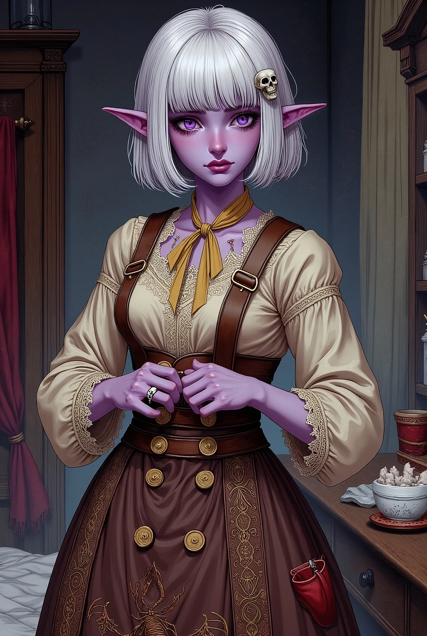 (Ultra-detailed face, Looking away, Fantasy Illustration with Gothic, rich tone colors.), BREAK 
(This is a fantasy world where magic exists in the style of medieval Eastern Europe. A female dark elf adventurer is getting dressed and ready in her inn room. However, perhaps because of her slightly increased waist, the hooks on her skirt do not fit. With tears in her eyes, she squeezes the waist part of her skirt with both hands and tries to fit the hooks, but they are just slightly out of reach. She has a very sad expression on her face, with her mouth tied in a crooked line.), BREAK 
(The dark elf woman adventurer wears a skull-shaped hair clip and a lemon-colored ribbon tie. She is wearing a young grass-colored lace blouse, a tunic with large beige wooden buttons, and a brown knee-length skirt embroidered with a scorpion pattern in gold thread. She wears red short boots with a folded back made of soft leather.), BREAK 
(A young-aged dark elf woman with pure white hair and eyebrows, blunt bangs, medium length straight hair, small pink lips, dark-purple color skin, lavender pupils, Draw thick, dark eyeliner around the eyes.)