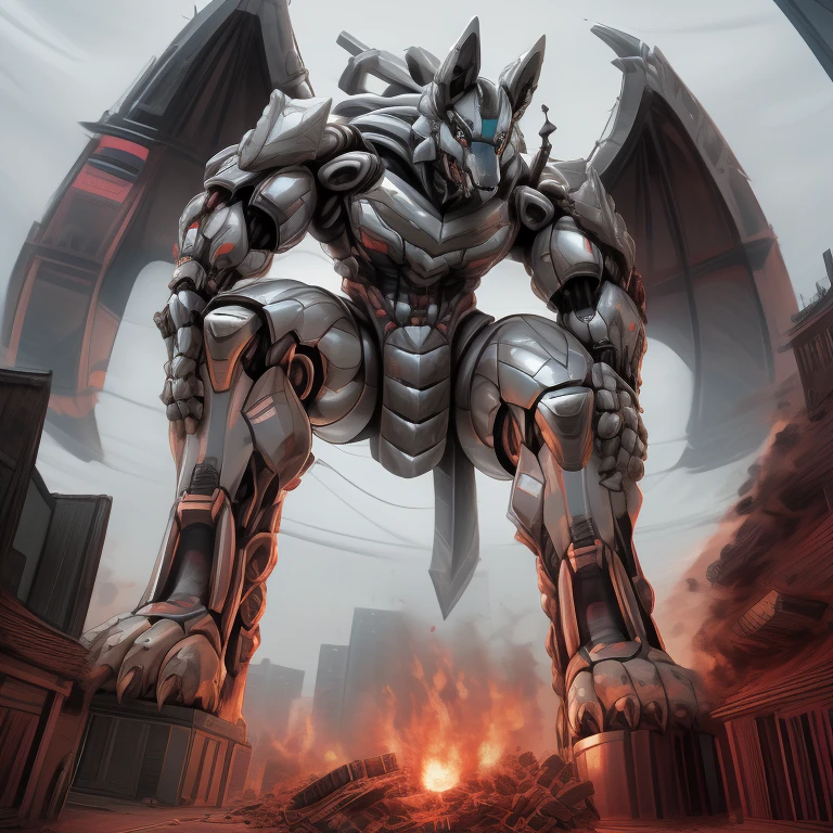 (masterpiece. official art. 8k. best quality. detailed full body. full body.)
(situation 1 : dominating mega lucario. focus GIANT mechanical Muscular mega lucario is trampling the CITY. macro. stomp. Low-angle perspective. emphasizing the immense size. The perspective is from below, emphasizing the sheer majesty and power of the Giant. giant art. He is much bigger than a skyscraper. Giga Giants. micro socceeld. looking down.)

(situation 2 :smoke and flames rising from the destruction in the city)

(Additional details 1: wearing a full-face helmet. helmet is jet black. The color of NANOSUIT is jet black. high-tech bio-mecha armor. real texture material. whole body shines like metal. Wearing cyberpunk mecha. emphasizes the muscles. suit fully made of metal. intricate armor. Robotic suit. suit fully made of metal. no face.). (mega lucario has 5 toes.) Wearing a Full Face Toxic Gas Mask. no blue.
An arrogant expression.
smile at the corner of your mouth.

(Additional details 2: (Detailed head. Detailed Body. Detailed abs. gigantic muscles. HYPER MUSCLES. Gigachad Muscular. big muscle. pecs. triceps. traps. unusually developed muscular body. body full of huge muscles. showing off muscles. pectorales enormes. Exaggeratedly huge muscles. huge muscles. long legs.).

(Additional details 3: nj5furry, Spread wings. It has wings. black have big wings. The claws are sharp. Sharp teeth.5 toes.).  Wearing a Full Face Toxic Gas Mask. 