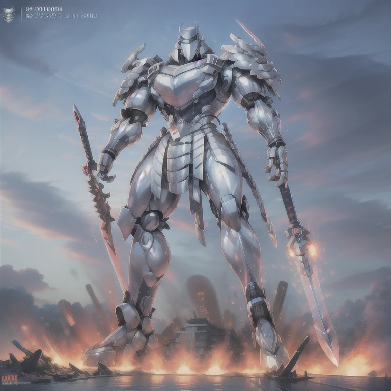 (masterpiece. official art. 8k. best quality. detailed full body. full body.)

(situation 1 : dominating Silver Samurai. Silver Samurai is over 1000 meters long. focus GIANT mechanical Muscular Silver Samurai is trampling the city. Looking down. macro. stomp. Low-angle perspective. emphasizing the immense size.)

(situation 2 :smoke and flames rising from the destruction in the city)

(Additional details 1: wearing a full-face helmet. high-tech bio-mecha armor. real texture material. whole body shines like metal. Wearing cyberpunk mecha. emphasizes the muscles. suit fully made of metal. intricate armor. Robotic suit. suit fully made of metal. cyborg. Powered exoskeleton with the same design as Silver Samurai).

(Additional details 2: (Detailed head. Detailed Body. Detailed abs. gigantic muscles. HYPER MUSCLES. Gigachad Muscular. big muscle. pecs. triceps. traps. unusually developed muscular body. body full of huge muscles. showing off muscles. pectorales enormes. Exaggeratedly huge muscles. huge muscles. long legs.).

(Additional details 3: Spread wings. It has wings. have big wings. The claws are sharp. Sharp teeth. 5 toes.).

(Additional details 5: melee weapon, weapon, armor, plate armor, sword, floating weapon, anthro, knight, clothing, helmet, detailed background, white fur, claws,)

(Silver Samurai, full armor, cyborg, science fiction, combat helmet)
(robot, mecha, holding, holding armor, holding weapon,)