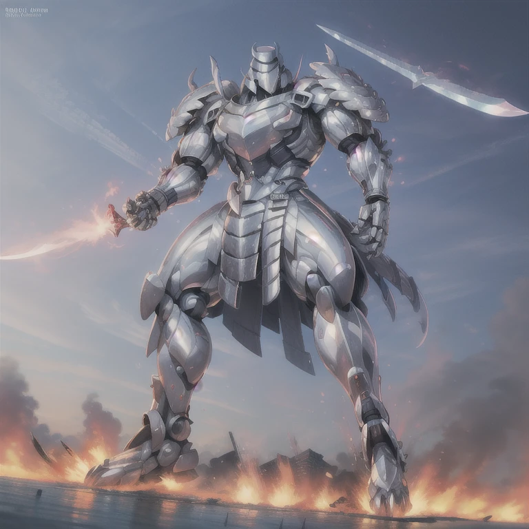 (masterpiece. official art. 8k. best quality. detailed full body. full body.)

(situation 1 : dominating Silver Samurai. Silver Samurai is over 1000 meters long. focus GIANT mechanical Muscular Silver Samurai is trampling the city. Looking down. macro. stomp. Low-angle perspective. emphasizing the immense size.)

(situation 2 :smoke and flames rising from the destruction in the city)

(Additional details 1: wearing a full-face helmet. high-tech bio-mecha armor. real texture material. whole body shines like metal. Wearing cyberpunk mecha. emphasizes the muscles. suit fully made of metal. intricate armor. Robotic suit. suit fully made of metal. cyborg. Powered exoskeleton with the same design as Silver Samurai).

(Additional details 2: (Detailed head. Detailed Body. Detailed abs. gigantic muscles. HYPER MUSCLES. Gigachad Muscular. big muscle. pecs. triceps. traps. unusually developed muscular body. body full of huge muscles. showing off muscles. pectorales enormes. Exaggeratedly huge muscles. huge muscles. long legs.).

(Additional details 3: Spread wings. It has wings. have big wings. The claws are sharp. Sharp teeth. 5 toes.).

(Additional details 5: melee weapon, weapon, armor, plate armor, sword, floating weapon, anthro, knight, clothing, helmet, detailed background, white fur, claws,)

(Silver Samurai, full armor, cyborg, science fiction, combat helmet)
(robot, mecha, holding, holding armor, holding weapon,)