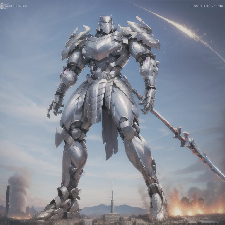 (masterpiece. official art. 8k. best quality. detailed full body. full body.)

(situation 1 : dominating Silver Samurai. Silver Samurai is over 1000 meters long. focus GIANT mechanical Muscular Silver Samurai is trampling the city. Looking down. macro. stomp. Low-angle perspective. emphasizing the immense size.)

(situation 2 :smoke and flames rising from the destruction in the city)

(Additional details 1: wearing a full-face helmet. high-tech bio-mecha armor. real texture material. whole body shines like metal. Wearing cyberpunk mecha. emphasizes the muscles. suit fully made of metal. intricate armor. Robotic suit. suit fully made of metal. cyborg. Powered exoskeleton with the same design as Silver Samurai).

(Additional details 2: (Detailed head. Detailed Body. Detailed abs. gigantic muscles. HYPER MUSCLES. Gigachad Muscular. big muscle. pecs. triceps. traps. unusually developed muscular body. body full of huge muscles. showing off muscles. pectorales enormes. Exaggeratedly huge muscles. huge muscles. long legs.).

(Additional details 3: Spread wings. It has wings. have big wings. The claws are sharp. Sharp teeth. 5 toes.).

(Additional details 5: melee weapon, weapon, armor, plate armor, sword, floating weapon, anthro, knight, clothing, helmet, detailed background, white fur, claws,)

(Silver Samurai, full armor, cyborg, science fiction, combat helmet)
(robot, mecha, holding, holding armor, holding weapon,)