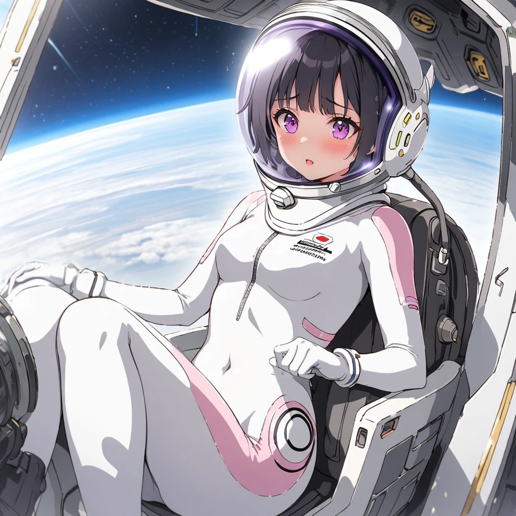 1人of女of子,Alone,short hair,(Space Suit:1.15), Black Hair Space Helmet ,whole body, indoor, masterpiece of the highest quality,  trembling, difficulty breathing, bodysuit before boarding,Lumine , Bubble Helmet, short hair,  backpack,gloves,blush,internal (cockpit) of (Futuristic spaceship:1.6), Sitting on narraw futuristic spacecraft cockpit seat, Covered navel, short hair