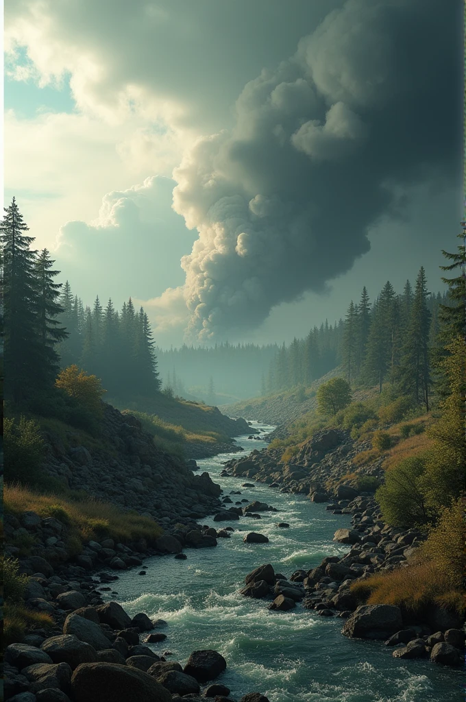 a stream running through a lush green hillside, gloomy weather. high quality, slovakia, shot on anamorphic lenses, fog, inspired by Werner Andermatt, dry trees, canon 7 d, photorealistic-n 9, desolation, featured on unsplash, scenery artwork, detailed scenery —width 672, sad sky, by Václav Brožík --auto --s2