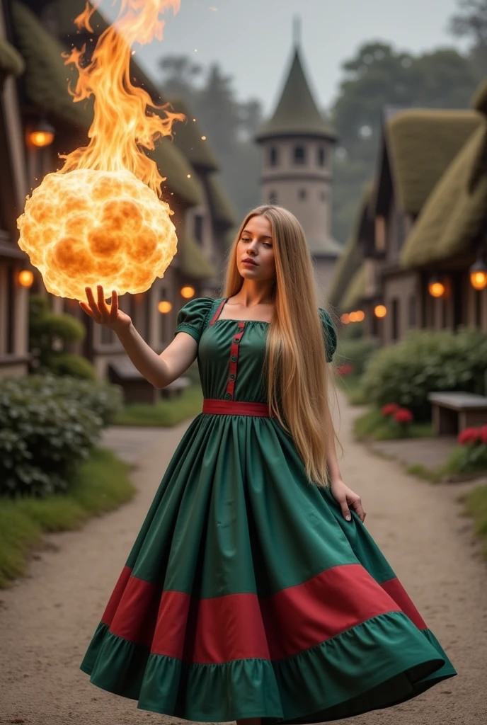 a beautiful sorceress with long blond hair casts a fireball in a dynamic pose against the background of a picturesque hobbit village, concentration, cold atmosphere, a bizarre mix of colors