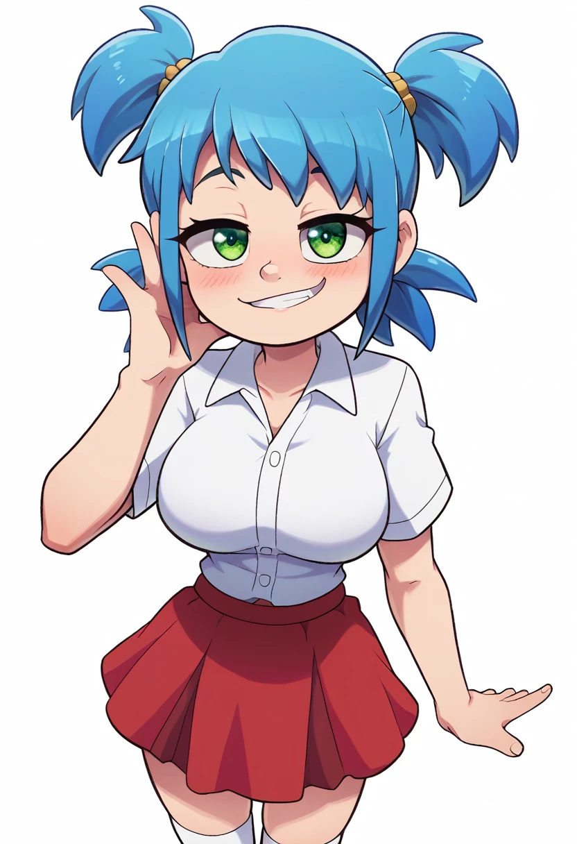 score_9, score_8_up, score_7_up, source_anime, best quality, clear face,shool skinny Nami-girl, bright blue hair, green eyes, medium hair, large breasts, perfect body, standing, looking at viewer,smug smile cute ,watered eyes, china d, indoor, w,blushing,embrassed,cute boob, p,mini red skirt,plain white shirt,p with hand at side,kyah,cute,Short Twintails,extremely short skirt,white socks,dimple design,face close up,face from close