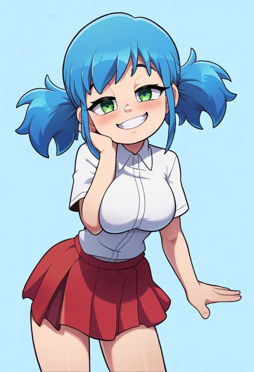 score_9, score_8_up, score_7_up, source_anime, best quality, clear face,shool skinny Nami-girl, bright blue hair, green eyes, medium hair, large breasts, perfect body, standing, looking at viewer,smug smile cute ,watered eyes, china d, indoor, w,blushing,embrassed,cute boob, p,mini red skirt,plain white shirt,p with hand at side,kyah,cute,Short Twintails,extremely short skirt,white socks,dimple design,face close up,face from close