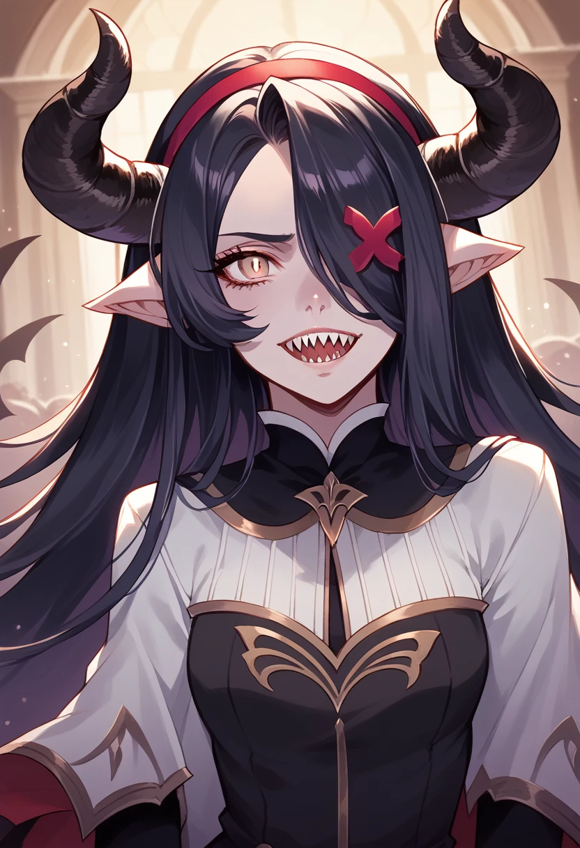 Rosto detalhado, grandes olhos, sharp teeth, hair over eyes, hairband, demon horns, demon wings, long hair, pointy ears, elf, black hair, peitos muito muito grandes, corpo inteiro