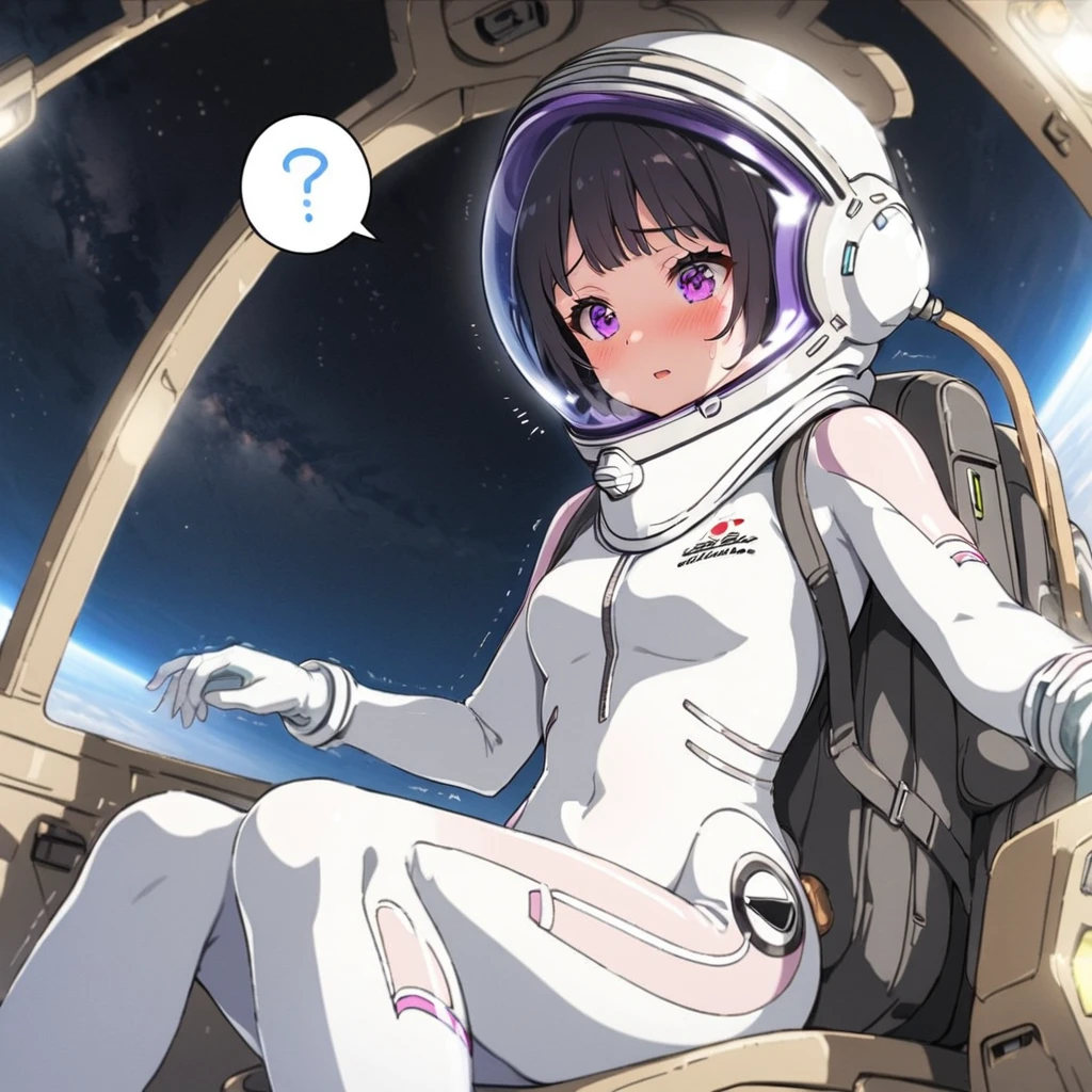 1人of女of子,Alone,short hair,(Space Suit:1.15), Black Hair Space Helmet ,whole body, indoor, masterpiece of the highest quality,  trembling, difficulty breathing, bodysuit before boarding,Lumine , Bubble Helmet, short hair,  backpack,gloves,blush,internal (cockpit) of (Futuristic spaceship:1.6), Sitting on narraw futuristic spacecraft cockpit seat, Covered navel, short hair