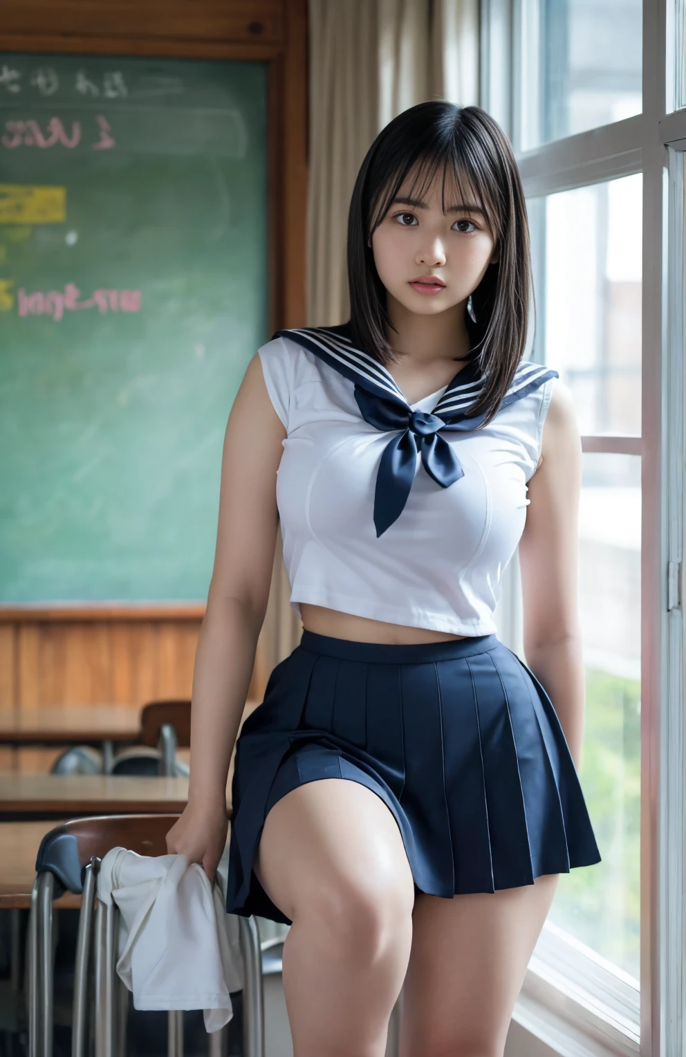 collarbone,(glistening skin,detail beautiful face,extreme long leg,Clothes accentuate the shape of the breasts:1.8),(tight white summer sailor,tight skirt,slim waist:1.4),(emaciated:1.6),(lanky,Statuesque,tall stature,175cm tall,scrawy:1.4),leggy,Browsing Caution,Highest quality,Ultra-high resolution,1 person,whole body,Black hair, cool expression,Looking into the camera,Beautiful and elaborate face,Fine and beautiful skin,Skin Texture,high school student,uniform,Checked mini skirt,Classroom after school,Standing pose