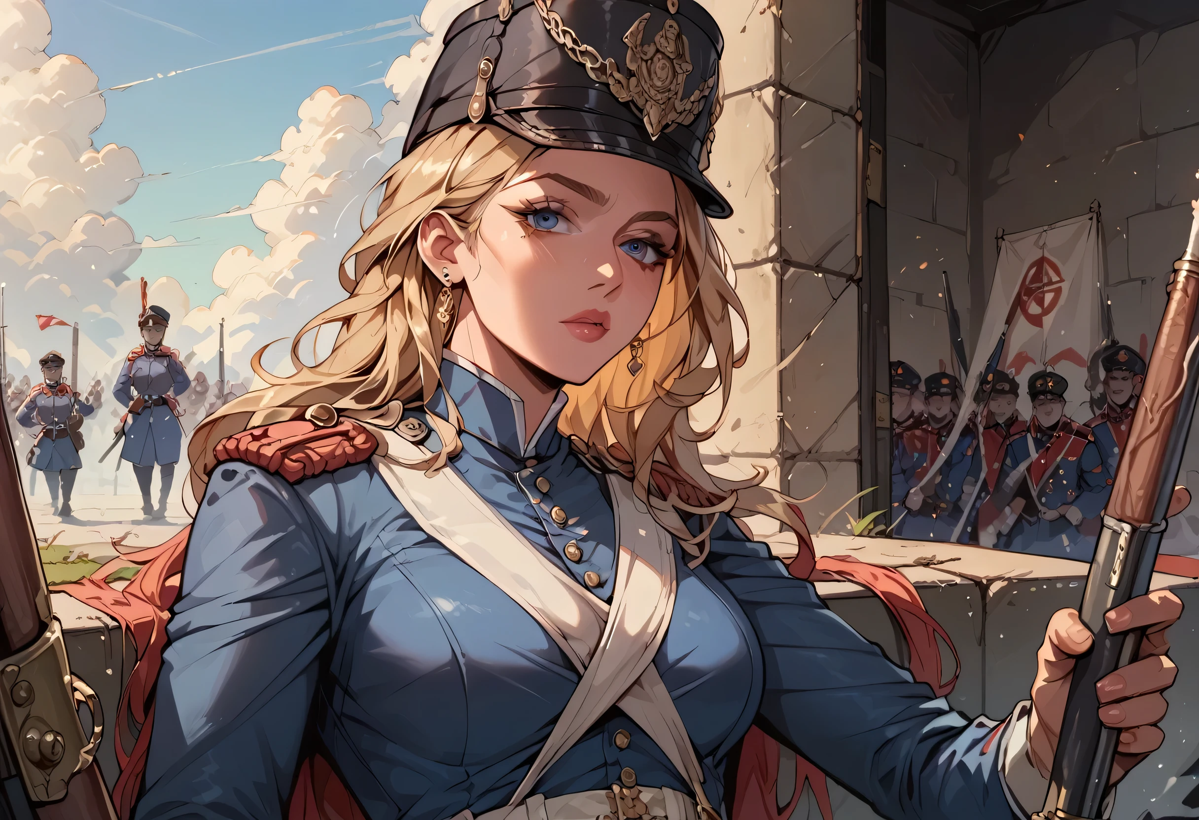 Score_9, Score_8_up, Score_7_up,rating_Explicit, A woman, smooth skin,  white skin, big eyes, long eyelashes , small torso, Wide hips, ( The best quality ),  masterpiece, blonde hair, Milf, mature woman, (Early Modern Soldier ) , ( she's wearing a military general's uniform), (She is wearing a bicorn hat), (ultra high Bloom), (High quality Shaders), (shadows), (Ultra shadow quality), (She is sitting,), portrait