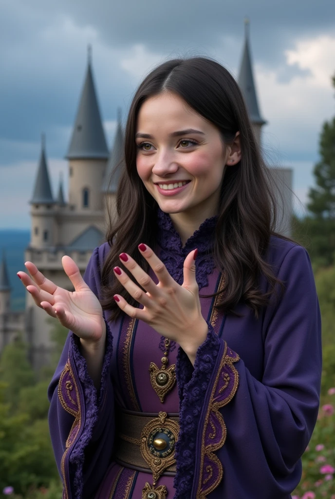 masterpiece photo of a dark-haired full-length woman with green eyes dressed as mage actively says something while gesticulating, a cheerful facial expression, blush, interesting dynamic pose, against the background of college of magic, a rich blue-purple sky with clouds, a lot of vegetation, bright colors, intricate bizarre color combinations