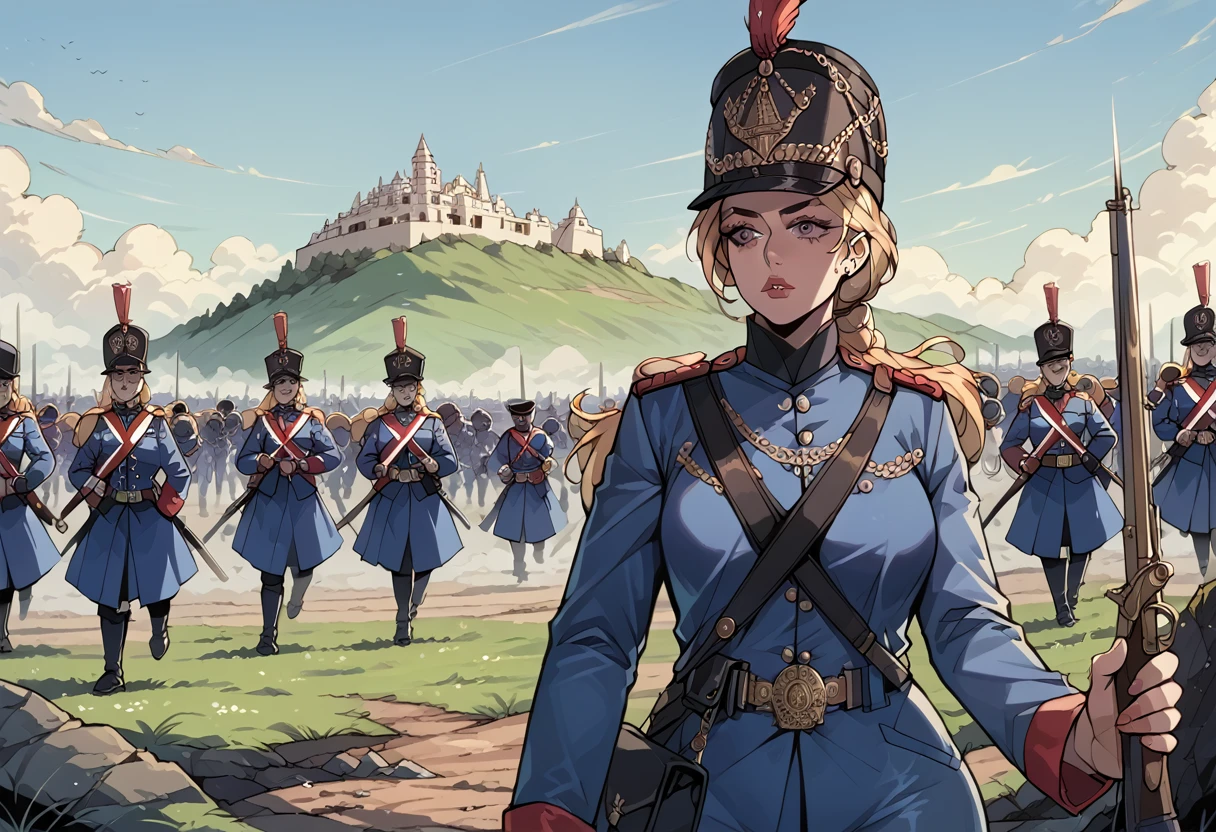 A woman, smooth skin,  white skin, big eyes, long eyelashes , small torso,  Wide Hips , ( The best quality ),  masterpiece, blonde hair, Milf, mature woman, (Early Modern Soldier ) , ( she is wearing a military general's uniform ), (She is wearing a bicorn hat), (ultra high Bloom), (High quality Shaders), (shadows), (Ultra shadow quality), (She is standing on a hill ,  from afar you can see a battlefield ,  soldiers and horses lie dead in that hell), portrait