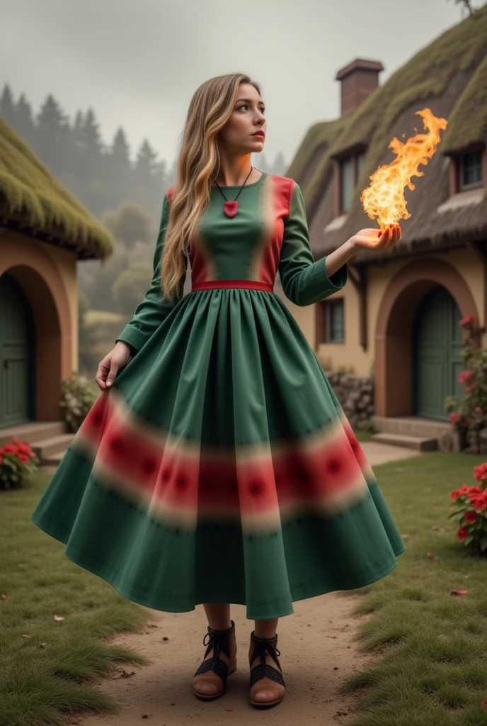 a beautiful sorceress with long blond hair casts a fireball in a dynamic pose against the background of a picturesque hobbit village, concentration, cold atmosphere, a bizarre mix of colors