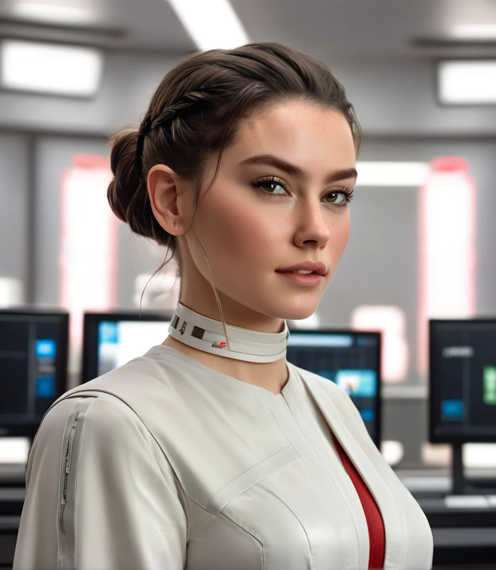 (full height:1.3), a beautiful (ohwx woman:1.1) withAs Princess Leia from the Star Wars saga, dressed in her iconic white robe and belt, her hair styled into two side buns. She stands in the command center of a Rebel base, her courage and leadership skills evident as she directs her forces against the evil Empire., inspired by Krenz Cushart, neoism, kawacy, wlop, gits anime,Hair styled into a long, fishtail braid., huge boobs