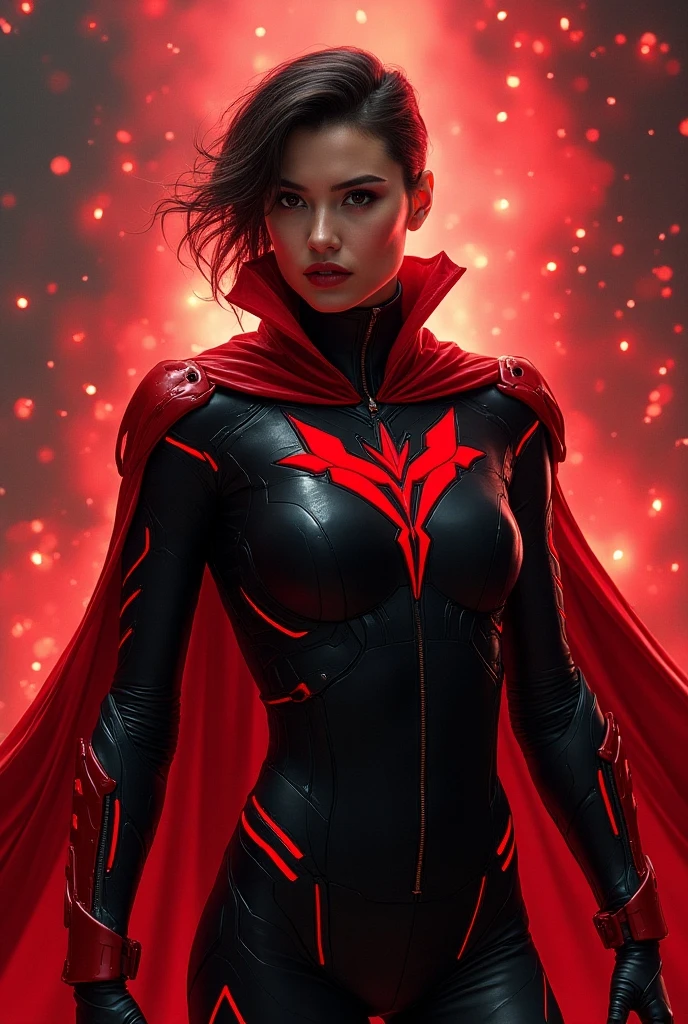 " An impactful portrait of the hero Pirsonick ,  represented in a powerful pose with their black and red technological suit,  filled with futuristic details and brilliant lines .  He is surrounded by an intense aura of red energy ,  symbolizing his mastery of the mysterious 'red power' .  The highlight of the tattoo is a flowing red cape ,  that adds movement and intensity to the art .  His determined gaze conveys the essence of a protector ,  willing to do anything to save the Earth . In the background,  red and black spots and sparks reinforce the atmosphere of action and power .  The tattoo mixes strong traits with futuristic details , creating a visual of force and mystery ."