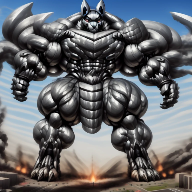 (masterpiece. official art. 8k. best quality. detailed full body. full body.) (situation 1 : dominating LUCARIO. Height 1800m.) (Additional details 1: wearing a full-face helmet. helmet is jet black. The color of NANOSUIT is jet black. high-tech bio-mecha armor. real texture material. whole body shines like metal. Wearing cyberpunk mecha. emphasizes the muscles. suit fully made of metal. intricate armor. Robotic suit. suit fully made of metal. NANOSUIT with the same design as LUCARIO.). (Lucario has 5 toes.) (Additional details 2: (Detailed head. Detailed Body. Detailed abs. gigantic muscles. HYPER MUSCLES. Gigachad Muscular. big muscle. pecs. triceps. traps. unusually developed muscular body. body full of huge muscles. showing off muscles. pectorales enormes. Exaggeratedly huge muscles. huge muscles. long legs.). (Additional details 3: nj5furry, Spread wings. It has wings. black have big wings. The claws are sharp. Sharp teeth.5 toes.). (Additional details 4: black color hyper penis. hyper black penis. big penis) (Additional details 5 : Spraying hyper cum up everywhere into the sky from his erect penis. wide spray of cum, covered in cum, cum splashing in front of camera, bukkake, earth is under a thick later of cum.) He is laughing defiantly. Colossus Titan.
