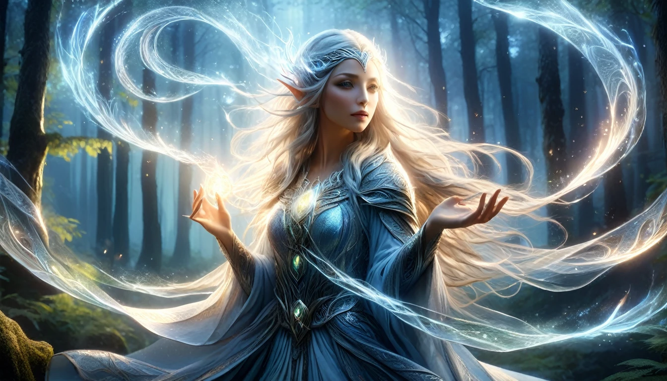 (best quality,4k,8k,highres,masterpiece:1.2), ultra-detailed, (realistic,photorealistic,photo-realistic:1.37), In the heart of an enchanted forest, bathed in the soft glow of moonlight filtering through the canopy above, stands a figure of ethereal beauty. She is an elven enchantress, her long silver hair cascading in shimmering waves around her slender form like strands of moonlight woven into silk. (Her eyes, a mesmerizing blend of iridescent hues, shimmer with an otherworldly light, reflecting the myriad colors of the forest around her:1.5). They are windows to a soul as ancient as the trees themselves, filled with wisdom and mystery far beyond her tender years. Clad in robes of flowing white adorned with intricate patterns of silver thread, she moves with a grace that is both elegant and effortless. Each movement is a dance, a fluid motion that seems to ripple through the air like water flowing over smooth stones. As she raises her delicate hands to the sky, the air around her crackles with magical energy, the very essence of the forest responding to her call. Words of power spill from her lips like liquid silver, ancient incantations that echo through the stillness of the night with a haunting melody. With each word, tendrils of magical energy begin to swirl around her, weaving together in a shimmering vortex of light and shadow. Shapes begin to form within the swirling maelstrom, phantom creatures born of pure magic dancing to the rhythm of her voice. And as she reaches the climax of her incantation, her voice rises to a crescendo, filling the forest with a symphony of power and wonder. With a final flourish of her hands, she releases the spell, the magical energies coalescing into a radiant burst of light that illuminates the darkness like a thousand stars.(art by Amano Yoshitaka:1.3)