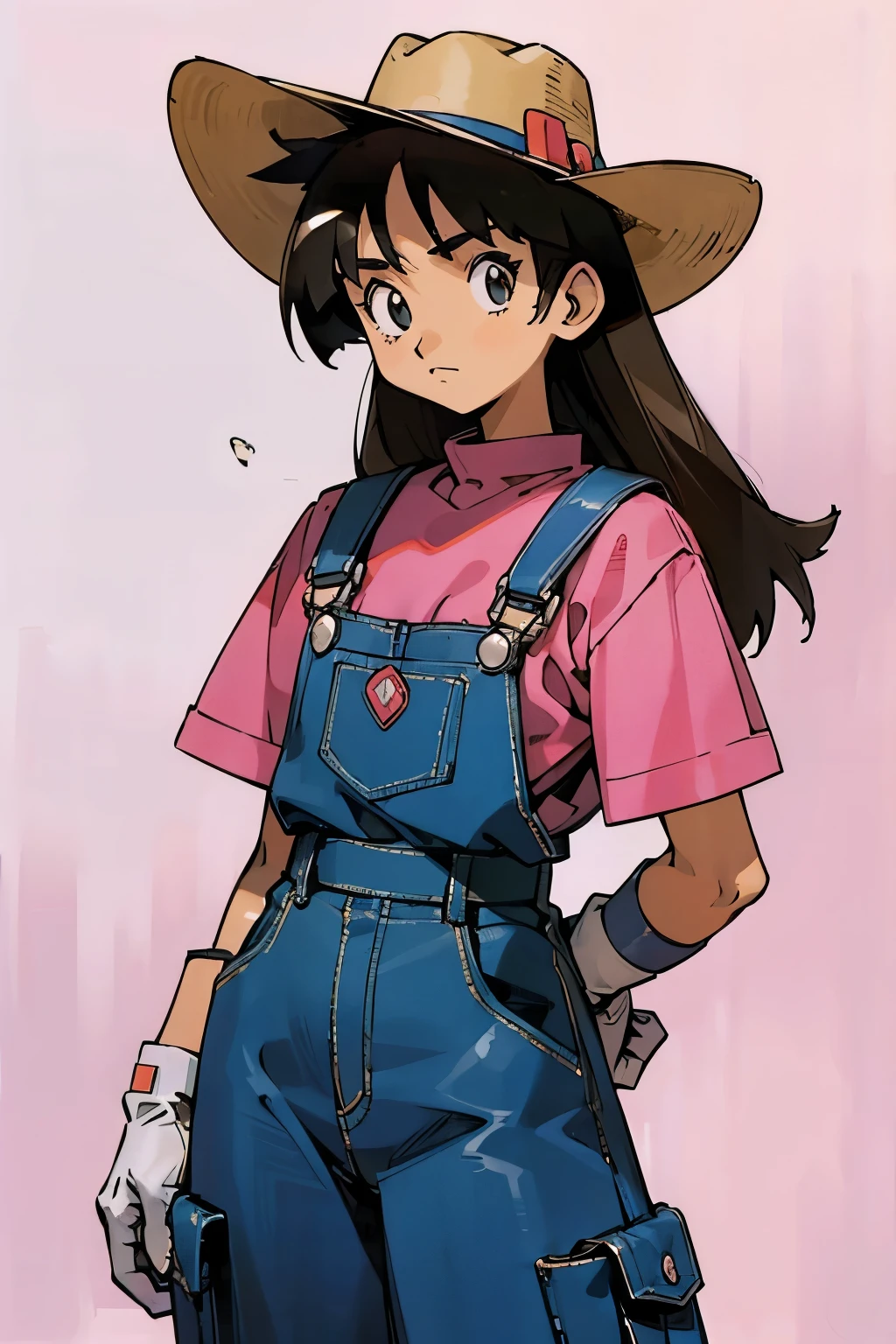 by Ken Sugimori, sugimori 1990s, ((only 1 girl)), tanned skin, large gloves, cowboy hat, overalls, ((hands behind their back)), full black pupils, manga, best quality, highly detailed, clean lines, cowboy shot, good hands, good eyes, hd, 8k, professional, symmetrical, hires, 8k,