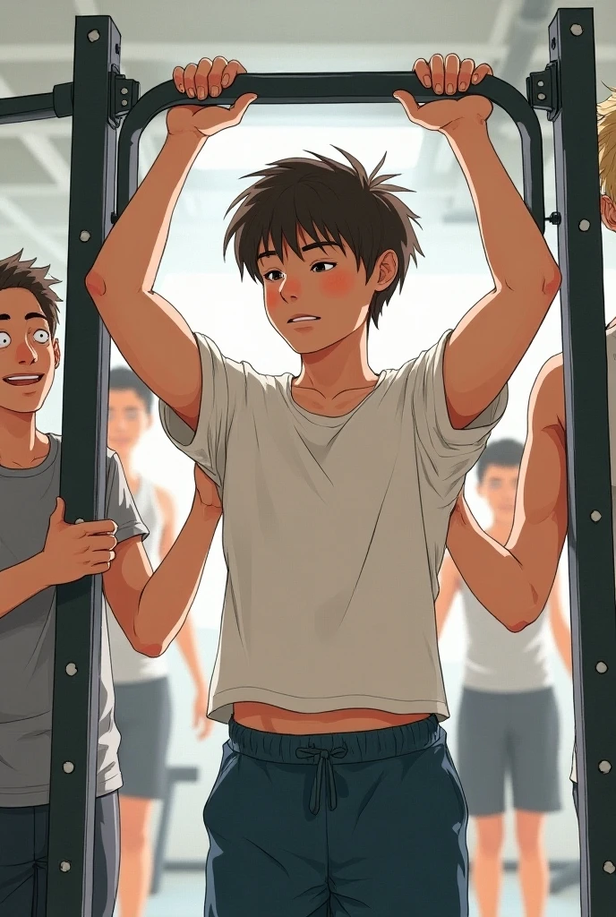 shirtless handsome manly short black hair caucasian male in tattered short jeans and sneakers, shirtless, sweating profusely, inside the train, the train is crowded with people, falling in line at the counter to buy a ticket